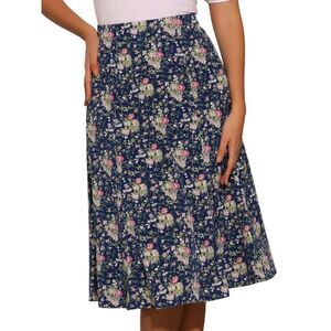 Floral Peasant Elastic Waist A-Line Leave Print Midi Skirt Navy Blue